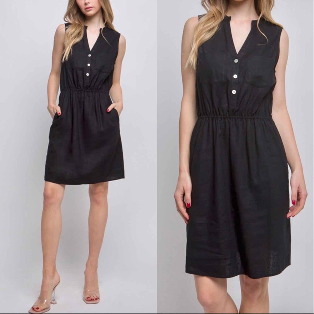 LINEN BLEND SLEEVELESS V NECK DRESS WITH POCKETS - BLACK - Picture 1 of 4